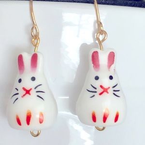 New Ceramic Easter Bunny Rabbit Dangling Drop Handmade Earrings Kids Unique Gift